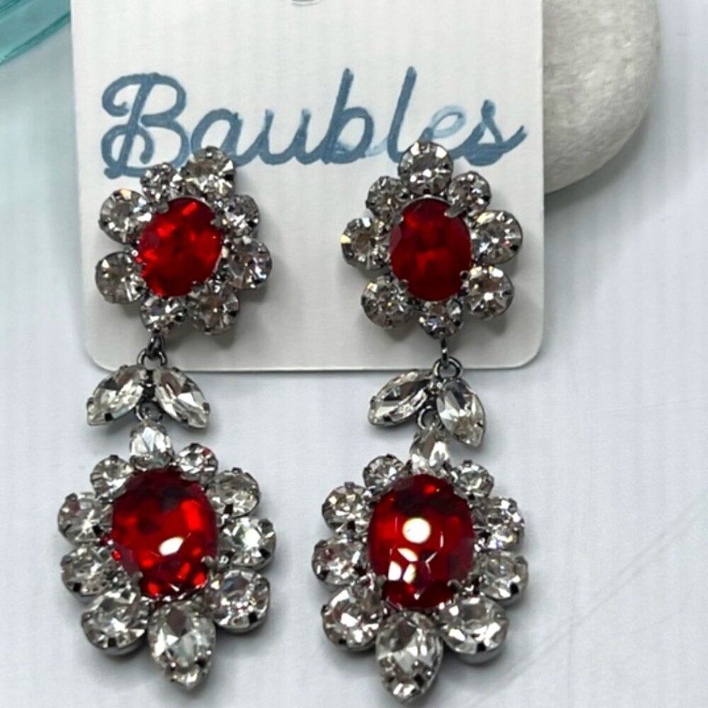 Baubles Chandelier Earrings Red/Clear Austrian Crystals Silver